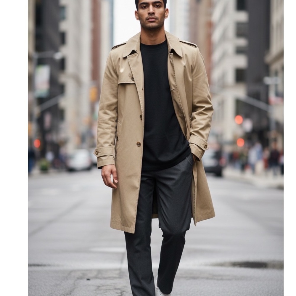 London Fog Mens Tan Trench Coat Zip Out Thinsulate Liner Made in USA 46 Reg